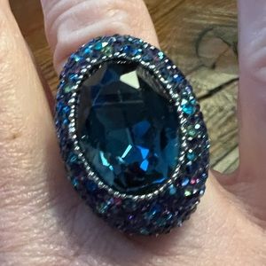 Dark blue Swarovski ring with mini crystals surrounding large crystal